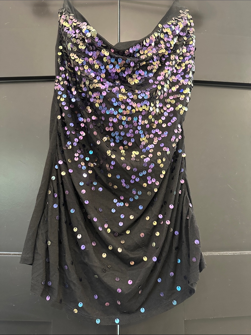 Express Black Strapless Sequin Draped Top with Iridescent Accents